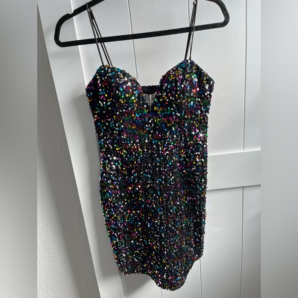 Black with multicolored sequins sweetheart fitted dress